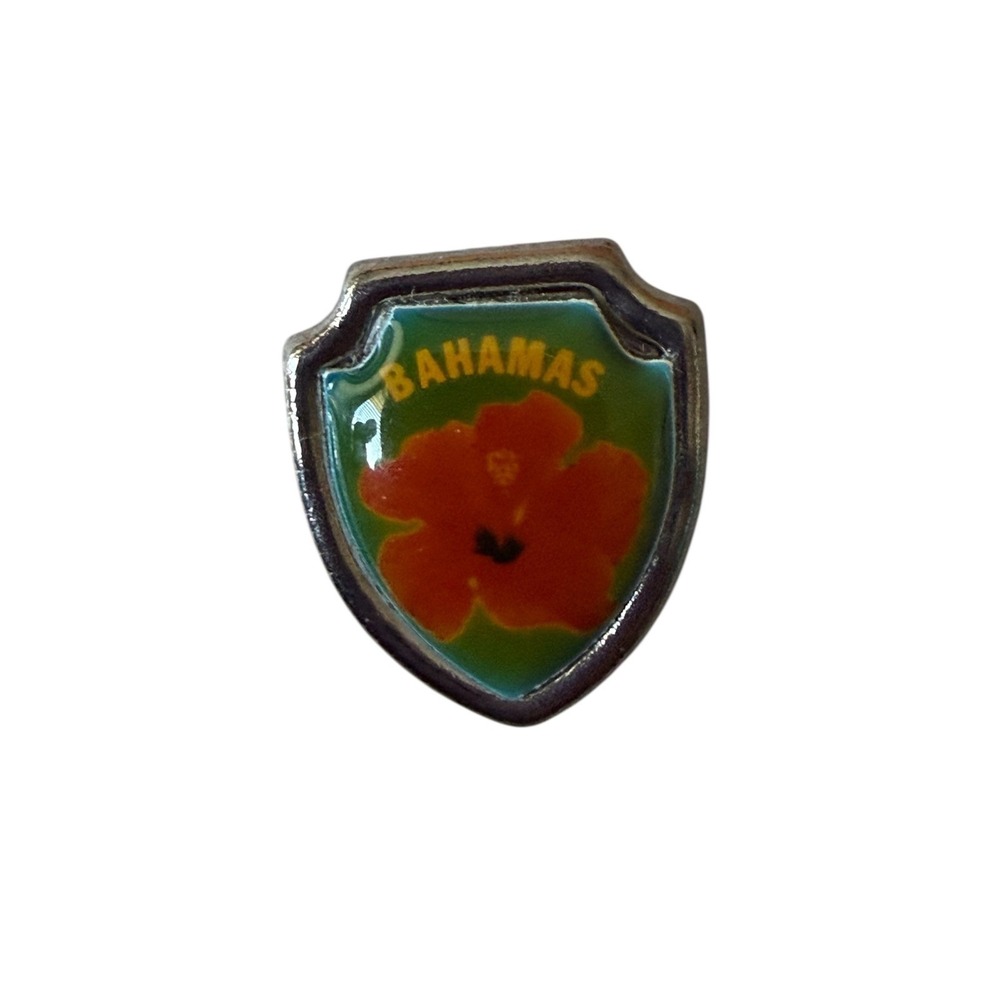 Vintage Bahamas Souvenir Lapel Pin Orange Hibiscus Flower Shield Travel Gift